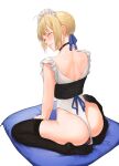  1girl ahoge artoria_pendragon_(fate) ass black_legwear blonde_hair blush choker closed_eyes dildo dildo_under_panties fate/stay_night fate_(series) highres looking_to_the_side maid maid_headdress pillow pussy_juice saber sex_toy sitting smile solo tamamoice thighhighs 