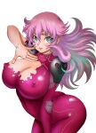  +_+ 1girl arched_back blush bodysuit breasts cleavage commentary_request covered_nipples cowboy_shot hair_between_eyes hand_up highres impossible_bodysuit impossible_clothes large_breasts lips long_hair looking_at_viewer matsuena_shun multicolored_eyes official_art open_hand parted_lips pink_bodysuit pink_hair rainbow_eyes rein_(tokiwa_kitareri!!) simple_background skin_tight smile solo standing tokiwa_kitareri!! torn_bodysuit torn_clothes white_background 