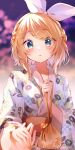  1girl 1other alternate_costume bag blonde_hair blue_eyes blurry blurry_background blush bow braid collarbone commentary_request crown_braid hair_bow hair_ornament hairclip highres holding holding_bag holding_hands japanese_clothes kagamine_rin kimono long_sleeves looking_at_viewer mani_(manidrawings) medium_hair nail_polish obi outdoors parallel_hairclips parted_lips pov pov_hands print_kimono sash sidelocks swept_bangs upper_body vocaloid white_bow white_kimono wide_sleeves yellow_nails 