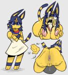  animal_crossing ankha_(animal_crossing) anthro anus areola big_butt blue_body blue_eyes blue_eyeshadow blue_fur blue_hair bodily_fluids butt clothing cum cum_on_face cum_on_tongue domestic_cat dress eyelashes eyeshadow felid feline felis female front_view fur genital_fluids genitals grey_background hair hunksrighty looking_at_viewer looking_back looking_back_at_viewer makeup mammal markings nintendo nipples nude one_eye_closed open_mouth pink_anus pink_areola pink_nipples rear_view short_hair simple_background solo spanking_self striped_markings striped_tail stripes tail tail_markings thick_thighs tongue tongue_out uraeus vaginal_fluids vulva white_clothing white_dress wide_hips yellow_body yellow_fur 