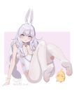  1girl animal_ears artist_name azur_lane blue_eyes blush braid breasts commentary fake_animal_ears knees_up le_malin_(azur_lane) le_malin_(listless_lapin)_(azur_lane) leotard long_hair looking_at_viewer manjuu_(azur_lane) official_alternate_costume pantyhose parted_lips playboy_bunny rabbit_ears simple_background sitting small_breasts soles solo thigh_strap white_background white_hair white_leotard white_pantyhose wrist_cuffs xinyi 
