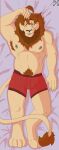 absurd_res andy_swallow animal_humanoid anthro armpit_hair barazoku barbell_piercing belly big_penis body_hair bulge clothing dakimakura dakimakura_design digital_media_(artwork) facial_tuft felid freckled_face freckles fur genitals hair happy_trail heterochromia hi_res humanoid lion lying male mammal mirror_racoon musclegut muscular muscular_anthro muscular_male nipple_piercing nipples on_back pantherine pecs penis piercing pube_peek pubes simple_background smile solo tail tail_tuft tuft underwear