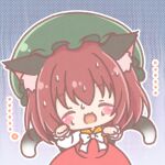  ... 1girl :d ^_^ animal_ear_fluff animal_ears blush_stickers brown_hair cat_ears cat_girl cat_tail chen chibi closed_eyes commentary_request dress facing_viewer green_hat hair_between_eyes hat highres long_sleeves mitarashi_neko mob_cap multiple_tails paw_pose red_dress shirt sleeveless sleeveless_dress smile solo sweat tail touhou two_tails white_shirt 