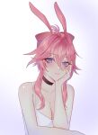  1girl alternate_costume animal_ears aoiabyss bow breasts choker cleavage commentary_request evanescia_(honkai:_star_rail) eyeliner hair_between_eyes hair_flaps hair_intakes hand_on_own_cheek hand_on_own_face highres honkai:_star_rail honkai_(series) light_smile makeup pink_hair purple_eyes rabbit_ears red_pupils sidelocks simple_background solo spaghetti_strap 