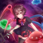  1girl black_dress black_hair black_legwear breasts dress feet_out_of_frame houjuu_nue looking_at_viewer medium_breasts medium_hair pitchfork red_eyes ribbon short_sleeves space star_(sky) touhou undefined_fantastic_object wuze_zeei 