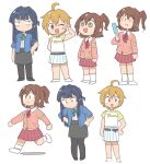  3girls :t ;d ahoge black_hair black_pantyhose black_shoes black_skirt blonde_hair blue_shirt brown_eyes brown_hair commentary_request food hand_up highres holding holding_food holding_popsicle ibuki_tsubasa idolmaster idolmaster_million_live! kasuga_mirai long_hair looking_at_viewer mogami_shizuka multiple_girls one_eye_closed one_side_up open_mouth pantyhose pink_eyes pink_shirt popsicle red_skirt shirt shoes short_hair simple_background skirt smile socks standing tsubobot v walking white_background white_shirt white_shoes white_socks 