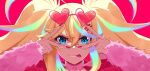  1girl absurdres arielle_(vtuber) blonde_hair blue_eyes choker close-up commentary earrings english_commentary eyewear_on_head fur_jacket hair_between_eyes hair_ornament heart heart-shaped_eyewear heart_earrings highres indie_virtual_youtuber jacket jewelry multicolored_hair pink_background rainbow_hair reversejoker0 smile sunglasses tongue tongue_out twintails v virtual_youtuber 