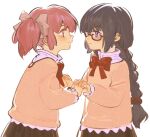  2girls akemi_homura black_hair black_skirt braid chest_ribbon commentary_request frilled_sleeves frills glasses hair_bobbles hair_ornament hair_ribbon holding_hands kaname_madoka long_sleeves mahou_shoujo_madoka_magica mitakihara_school_uniform multiple_girls official_alternate_hairstyle pink_eyes pink_hair purple_eyes ribbon school_uniform short_hair sidelocks skirt twin_braids twintails white_background zgxuke 