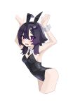  1girl alternate_costume animal_ears armpits arms_up black_leotard black_necktie blue_archive breasts center-flap_bangs commentary_request covered_navel cropped_legs detached_collar fake_animal_ears hair_between_eyes haruka_(blue_archive) highres leotard long_sidelocks medium_hair metronomechan missing_halo necktie peanut_mouth playboy_bunny purple_eyes purple_hair rabbit_ears rabbit_pose short_necktie sidelocks simple_background small_breasts tsurime white_background wrist_cuffs 