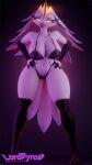 2025 3d_(artwork) 9:16 anthro artist_name avian avian_demon beak big_breasts bird bra breasts cleavage clothed clothing crown demon digital_media_(artwork) eyelashes feather_hair feathers female full-length_portrait gradient_background hands_on_hips headgear hellaverse helluva_boss hi_res long_eyelashes looking_at_viewer lpyro9 navel pink_beak pink_sclera portrait pseudo_hair purple_background purple_bra purple_clothing purple_thong purple_underwear simple_background solo stella_(helluva_boss) tail tail_feathers text thick_thighs thong underwear underwear_only white_body white_eyes white_feathers wide_hips wide_stance