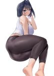  1girl alternate_costume ass barefoot black_hair black_pants blue_eyes breasts foot_out_of_frame hair_intakes highres holding holding_towel hololive hololive_english huge_breasts legs looking_at_viewer lying on_side ouro_kronii pants shirt simple_background sleeveless sleeveless_shirt soles solo sweat towel virtual_youtuber white_background white_shirt yoga_pants yotamono 