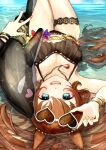  1girl absurdres adjusting_eyewear animal_ears bare_shoulders bikini black_bikini blue_eyes blush breasts brown-tinted_eyewear brown_hair cleavage collarbone commentary_request eyewear_on_head hair_between_eyes heart heart-shaped_eyewear highres horse_ears horse_girl horse_tail inflatable_dolphin inflatable_toy jewelry large_breasts long_hair looking_at_viewer lying maruzensky_(hot_summer_night)_(umamusume) maruzensky_(umamusume) ocean official_alternate_costume on_back open_mouth orange-tinted_eyewear orange_nails partially_submerged ruffle_bikini smile solo sunglasses swimsuit tail teeth tinted_eyewear umamusume upper_teeth_only w water whamew33 white-framed_eyewear 