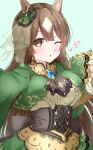  1girl absurdres animal_ears ascot blush braid breasts brown_ascot brown_corset brown_eyes brown_hair commentary_request corset double-parted_bangs dress ear_ornament frills green_dress green_jacket hair_between_eyes half_up_braid heart high-low_skirt highres horse_ears horse_girl jacket large_breasts long_hair long_sleeves looking_at_viewer multicolored_hair one_eye_closed outstretched_arm parted_lips satono_diamond_(natural_brilliance)_(umamusume) satono_diamond_(umamusume) sleeves_past_fingers sleeves_past_wrists solo streaked_hair umamusume very_long_hair ya-man 