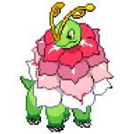  antennae brown_eyes cardnlh colored_skin flower green_skin highres looking_at_viewer mega_meganium meganium no_humans pink_flower pokemon pokemon_(creature) simple_background solo sprite_art tail white_background white_flower 