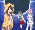  3girls absurdres aoi_erika arms_under_breasts asakura_karen_(heaven_burns_red) black_hair blue_eyes bow bowtie braid brown_hair commentary_request finger_to_mouth hair_tie heaven_burns_red highres hood hoodie kura_satomi low_twintails mstk_works multicolored_hair multiple_girls necktie pink_eyes pink_hair pink_necktie red_bow red_bowtie red_eyes school_uniform see-through_hair short_hair shushing twintails white_hair yellow_hoodie 