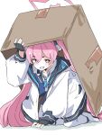  +_+ 1girl all_fours black_gloves blue_archive blue_necktie box cardboard_box commentary_request fingerless_gloves gloves halo highres in_container jacket koyuki_(blue_archive) long_hair long_sleeves looking_at_viewer necktie open_clothes open_jacket pink_eyes pink_hair shoes smile solo tachikaze_miyako thick_eyebrows thighhighs twintails very_long_hair white_jacket white_shoes white_thighhighs 