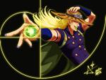 1boy akirakilla061 armband beard blue_bridal_gauntlets blue_nails bridal_gauntlets brown_hat cape cowboy_hat english_commentary facial_hair foreshortening goggles goggles_on_headwear gold_teeth golden_spiral green_cape grills gyro_zeppeli hand_on_headwear hat high_collar highres jojo_no_kimyou_na_bouken looking_at_viewer orange_sleeves purple_armband purple_shirt purple_sleeves shirt short_sleeves solo spinning steel_ball_(jojo) steel_ball_run two-tone_sleeves 