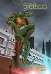 anthro city city_background cover_art green_body green_scales male nude scales scalie sitting solo tail text unknown_artist