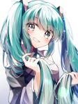  1girl aqua_eyes aqua_hair aqua_necktie blush breasts collared_shirt commentary_request detached_sleeves grey_shirt hatsune_miku highres long_hair looking_at_viewer mani_(manidrawings) medium_breasts miku_day necktie open_mouth shirt sidelocks simple_background sleeveless sleeveless_shirt smile solo teeth turning_head twintails upper_body very_long_hair vocaloid white_background 
