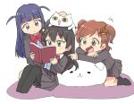  3girls aijo_karen black_hair black_pantyhose black_socks blue_eyes book bow bowtie brown_hair cat commentary_request crown_hair_ornament deformed grey_jacket grey_skirt hair_ornament holding holding_book jacket kagura_hikari long_hair long_sleeves looking_at_another multiple_girls no_shoes open_mouth pantyhose purple_eyes purple_hair reading red_bow red_bowtie school_uniform seisho_music_academy_school_uniform short_hair shoujo_kageki_revue_starlight simple_background sitting skirt socks sparkle_hair_ornament tsubobot tsuyuzaki_mahiru two_side_up white_background white_cat 