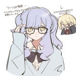  2girls black_bow black_bowtie blonde_hair blue_hair blue_sweater bow bowtie emma_grace_rosenthal glasses highres ingoagame jougasaki_suzuran long_hair multiple_girls red_bow red_bowtie short_hair simple_background sleeves_past_wrists sweater tayutau_koi_no_chirigiwa_ni translation_request twintails white_background yellow_eyes 