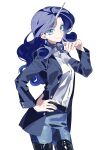  1girl absurdres belt black_belt blue_eyes blue_hair blue_jacket blue_pants closed_mouth cowboy_shot curly_hair gem_earrings hand_on_own_hip highres horns jacket kurenaikiyumi lapels latex_thigh_boots long_hair long_sleeves looking_at_viewer my_little_pony my_little_pony:_equestria_girls my_little_pony:_friendship_is_magic neckerchief open_clothes open_jacket pants partial_humanization rarity_(equestria_girls) rarity_(my_little_pony) shirt simple_background single_horn smile solo standing unicorn_girl unmoving_pattern white_background white_shirt 