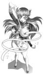  +_+ 1girl arm_up blush bodysuit breasts closed_mouth commentary_request covered_nipples from_above full_body greyscale highres holding_ribbon_baton impossible_bodysuit impossible_clothes large_breasts long_hair looking_at_viewer matsuena_shun monochrome navel official_art rein_(tokiwa_kitareri!!) ribbon ribbon_baton simple_background skin_tight smile solo standing tokiwa_kitareri!! tongue tongue_out torn_bodysuit torn_clothes 