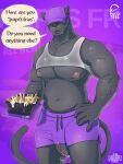  ankor_ba anthro big_butt big_muscles big_pecs big_penis black_body black_hair bodily_fluids bubble_butt butt clothing cum dreadlocks erection felid food fries genital_fluids genitals glans hair hi_res male mammal muscular muscular_anthro muscular_male naughty_face nude nude_male pantherine pecs penis precum solo tail thick_thighs vein veiny_penis wet wet_body wet_clothing 