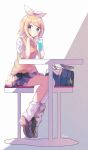  1girl alternate_costume bag blonde_hair blue_eyes blush bow brown_shoes collared_shirt commentary_request drink drinking_straw from_side full_body grey_skirt hair_bow hair_ornament hairclip highres kagamine_rin loafers loose_socks mani_(manidrawings) medium_hair miniskirt on_stool parallel_hairclips pleated_skirt school_bag shade shirt shoes short_sleeves sidelocks sitting skirt socks solo stool sweater_vest swept_bangs table vocaloid white_bow white_shirt white_socks yellow_sweater_vest 