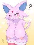  2022 3:4 3cir_cle absurd_res anthro anthrofied areola big_breasts blush breasts eeveelution espeon female fur hi_res huge_breasts kemono looking_at_viewer nintendo nipples pink_body pink_fur pok&eacute;mon pok&eacute;mon_(species) pok&eacute;morph question_mark solo thick_thighs video_games 