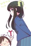  2girls arms_behind_back birthday blue_jacket box brown_hair chibi closed_eyes commentary_request gift gift_box green_eyes green_hair green_scrunchie grey_skirt hair_ornament hair_scrunchie happy_birthday heart highres hitori_bocchi hitoribocchi_no_marumaru_seikatsu jacket katsuwo_(cr66g) kawai_ino long_hair long_sleeves looking_at_viewer multiple_girls pleated_skirt school_uniform scrunchie side_ponytail sidelocks simple_background skirt white_background 