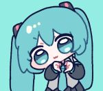  1girl :3 black_skirt blue_background blue_eyes blue_hair commentary_request grey_shirt hatsune_miku long_hair looking_at_viewer miratsu_(miratsu169) necktie shirt simple_background skirt solo twintails vocaloid 