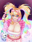  1girl absurdres ahoge arielle_(vtuber) blonde_hair blue_eyes breasts cleavage commentary dog dreynnkas earrings english_commentary eyewear_on_head fishnet_pantyhose fishnets fur_jacket hair_between_eyes hair_ornament heart heart-shaped_eyewear heart_ahoge heart_earrings highres huge_breasts indie_virtual_youtuber jacket jewelry large_breasts looking_at_viewer multicolored_hair navel pants pantyhose pink_pants rainbow_hair smile stick strapless sunglasses tube_top twintails virtual_youtuber 