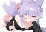  1girl :3 absurdres ahoge bare_shoulders black_shirt blue-framed_eyewear blue_eyes breasts closed_mouth cone_hair_bun dolphin_shorts downblouse extended_downblouse fang fox_tail glasses hair_bun hair_ornament hair_rings heterochromia highres long_hair long_sleeves looking_down lying midriff multicolored_hair no_bra off_shoulder oldsickkim on_stomach pink_shorts pom_pom_(clothes) pom_pom_hair_ornament purple_hair round_eyewear shirt short_shorts shorts small_breasts smile solo stellive tail tail_raised tenko_shibuki thighs two-tone_hair virtual_youtuber white_background yellow_eyes 