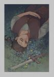  1boy brown_hair chi.:_chikyuu_no_undou_ni_tsuite closed_eyes flower grass highres long_hair lying male_focus oczy on_back outdoors ponytail shirt solo sword vest weapon whit0w 