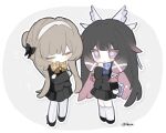  2girls =_= alternate_costume black_collar black_hair black_jacket black_sleeves blazer blush bow bowtie brown_hair chibi chibi_only closed_mouth collar columbina_(genshin_impact) crossed_arms feiye_(feiye_fp) frown genshin_impact hair_bow hair_bun hair_ornament hairband head_wings highres holding_hands jacket kneehighs lapels long_hair long_sidelocks long_sleeves looking_at_viewer multicolored_hair multiple_girls multiple_wings open_mouth pantyhose pleated_skirt purple_eyes purple_hair purple_streaks sandrone_(genshin_impact) school_uniform short_hair short_hair_with_long_locks sidelocks simple_background skirt smile socks streaked_hair triangle_mouth twitter_username two-tone_hair unusually_open_eyes very_long_hair white_background white_hairband white_wings wing_hair_ornament wings 