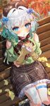  1girl alternate_costume aqua_hair autumn autumn_leaves bare_shoulders beret blouse blue_eyes blush brown_hat brown_neckerchief brown_skirt clothing_cutout cup densetsu.exe disposable_cup drinking_straw drinking_straw_in_mouth fingerless_gloves frilled_skirt frills from_above fur-trimmed_gloves fur_trim ginkgo_leaf gloves gradient_hair green_shirt grey_background grey_hair hair_ornament hairclip hat highres holding holding_cup itsuki_(itsukii_en) knees_together_feet_apart leaf looking_at_viewer miniskirt mint_fantome multicolored_hair nail_polish neckerchief on_bench outdoors plaid_clothes plaid_neckerchief pointy_ears raised_inner_eyebrows shiny_skin shirt short_hair shoulder_cutout sitting skirt solo two_side_up virtual_youtuber wavy_hair yellow_gloves 