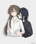  2girls black_eyes black_hair black_sweater blush braid brown_eyes brown_hair collared_shirt half_up_braid highres holding_hands interlocked_fingers long_hair long_sleeves looking_at_another looking_at_viewer medium_hair miyagi_shiori multiple_girls sasagawa_yuki sendai_hazuki shirt shuuniichido_classmate_wo_kau_hanashi simple_background sweater white_background white_shirt yuri 