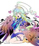  1girl ahoge bird_legs blue_loincloth breasts brown_wings commentary_request fate/grand_order fate_(series) feathered_wings feathers harpy highres huge_ahoge kuriimu0203 large_breasts long_hair looking_at_viewer louhi_(fate) louhi_(third_ascension)_(fate) monster_girl purple_loincloth sharp_teeth solo talons teeth winged_arms wings 