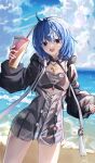  1girl absurdres artist_name beach bikini black_bikini black_jacket blue_eyes blue_hair blue_sky ciel_(tsukihime) commentary cropped_jacket cross cross_necklace cup drinking_straw fate/grand_order fate_(series) highres holding holding_cup hood hood_down hooded_jacket jacket jewelry latin_cross long_sleeves looking_at_viewer mysterious_executor_c.i.e.l_(fate) necklace ocean open_clothes open_jacket open_mouth outdoors puffy_long_sleeves puffy_sleeves short_hair sky smile solo swimsuit yukiring 