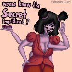 5_eyes 6_hands anthro arachnid arthropod black_eyes black_hair black_lips bottomwear breasts clothing dehromansfw dessert doughnut female food hair hi_res jacket lips muffet multi_eye multi_hand pants pastry purple_body purple_skin red_bottomwear red_clothing red_jacket red_pants red_topwear sharp_teeth solo spider teeth text topwear undertale undertale_(series)