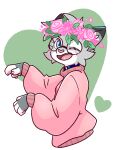 2026 absurd_res accessory anthro blue_collar blue_eyes blush blush_lines claws clothed clothing collar digital_media_(artwork) dipstick_ears dipstick_fingers domestic_cat ear_markings egyptian_mau eyewear felid feline felis femboy flower flower_crown flower_in_hair fur garland glasses grey_body hair hair_accessory half-length_portrait happy heart_symbol hi_res honeytongue leaf looking_at_viewer male mammal multicolored_ears nixuelle one_eye_closed open_mouth oversized_clothing oversized_sweater oversized_topwear pawpads paws petals pink_clothing pink_nose pink_sweater pink_topwear plant portrait raised_arm raised_arms rose_(flower) round_glasses simple_background smile solo sweater teeth tongue topwear wink winking_at_viewer