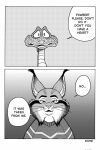 anthro betrayal black_and_white canada_lynx clothing dialogue disney duo english_text fangs felid feline feral fur gary_de'snake hi_res lynx male mammal monochrome pawbert_lynxley pit_viper pointy_ears reptile scales scalie snake someone sweater teeth text topwear villainous viper zootopia