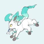  absurdres animal_focus brown_fur colored_sclera fish_in_mouth full_body green_fur grey_background highres leaf leafeon looking_at_viewer looking_back lovewolf5122 no_humans pawpads pokemon pokemon_(creature) pokemon_focus simple_background solo_focus standing white_eyes wishiwashi wishiwashi_(solo) yellow_fur yellow_sclera 