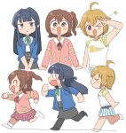  >_o 3girls :d ;d ahoge black_hair black_skirt blonde_hair blue_shirt blush_stickers brown_hair chibi closed_eyes commentary_request ibuki_tsubasa idolmaster idolmaster_million_live! kasuga_mirai long_hair mogami_shizuka multiple_girls one_eye_closed one_side_up pink_eyes pink_shirt red_skirt running shirt short_hair short_sleeves skirt smile standing star_(symbol) tsubobot white_shirt 