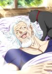  1boy black_cat blue_shirt cat cat_on_chest commentary_request facial_hair highres male_focus mature_male musasabiop mustache_stubble old old_man one_piece open_mouth pillow scar scar_across_eye scar_on_face shirt short_sleeves silvers_rayleigh solo stubble white_hair window 