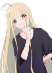  1girl ahoge black_shirt blonde_hair brown_eyes chamaaaaaax cho_kaguya-hime! closed_mouth commentary hand_on_own_hip highres kaguya_(cho_kaguya-hime!) long_hair shirt simple_background solo v v_over_mouth white_background 