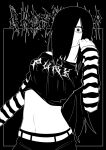  1girl artist_name belt black_background black_hair contrapposto cropped_shirt ghost_slap highres linea_alba long_hair long_sleeves looking_at_viewer monochrome navel outline pants punk solo sweater the_ring white_belt white_outline yamamura_sadako 
