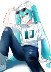  1girl :/ absurdres aqua_hair aqua_nails arm_support beanie blue_pants commentary_request expressionless eyewear_on_head grey_eyes hair_between_eyes hat hatsune_miku highland highres long_hair looking_at_viewer nail_polish on_floor pants pom_pom_(clothes) pom_pom_beanie print_shirt shirt sitting solo sunglasses twintails vocaloid white_hat white_shirt 