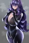  1girl @_@ absurdres alternate_costume black_bodysuit bodysuit breasts cleavage hairband hex_maniac_(pokemon) highres large_breasts latex latex_bodysuit lisp_coc messy_hair pokemon pokemon_(game) pokemon_xy purple_eyes purple_hair purple_hairband skin_tight solo 